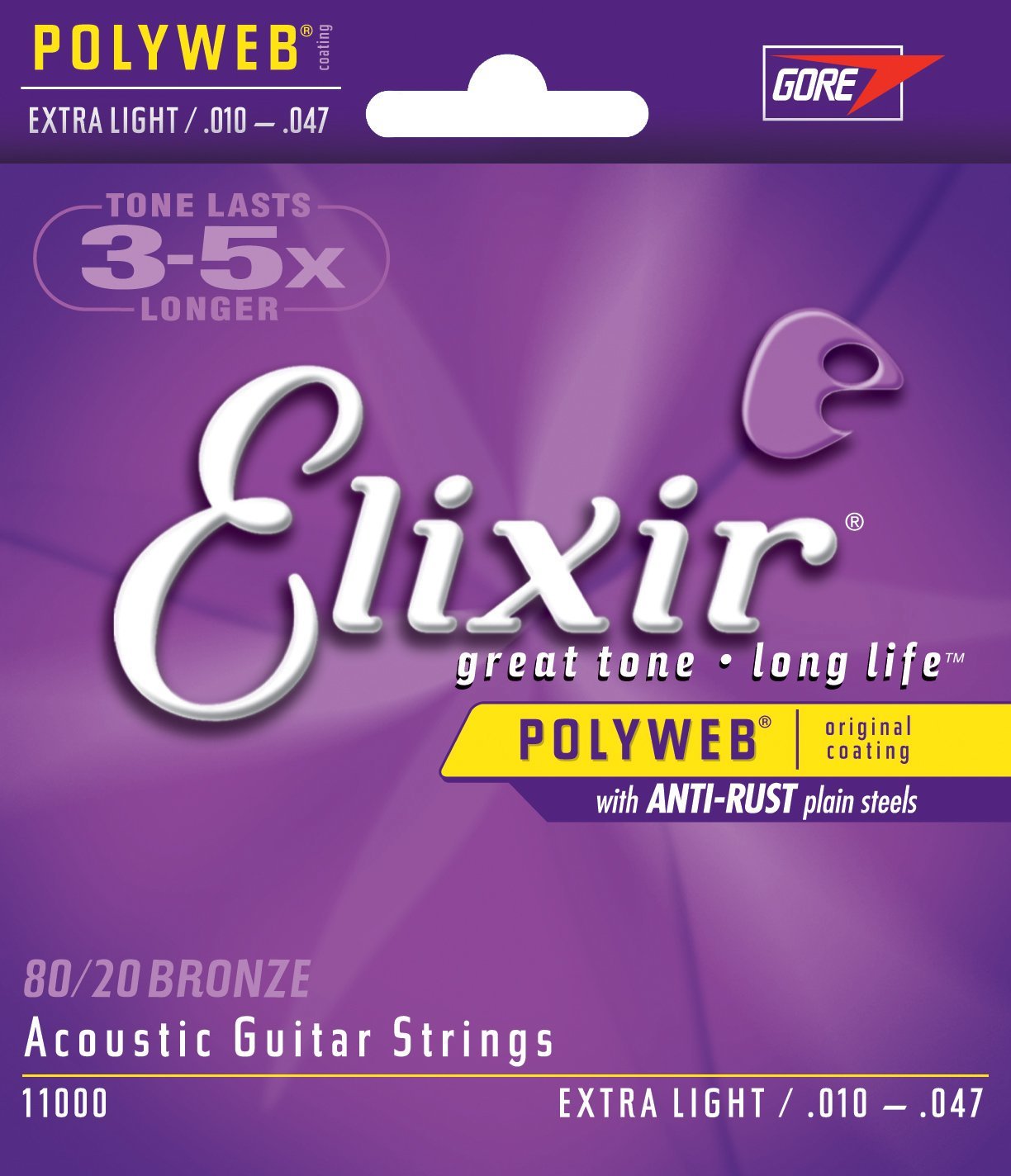 Elixir 11000 80/20 Bronze Acoustic Guitar Strings with POLYWEB Coating, Extra Light (.010-.047)