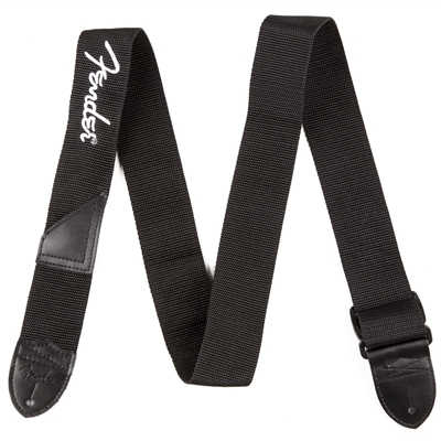 Fender® Black Polyster Logo Straps, Black with White Logo
