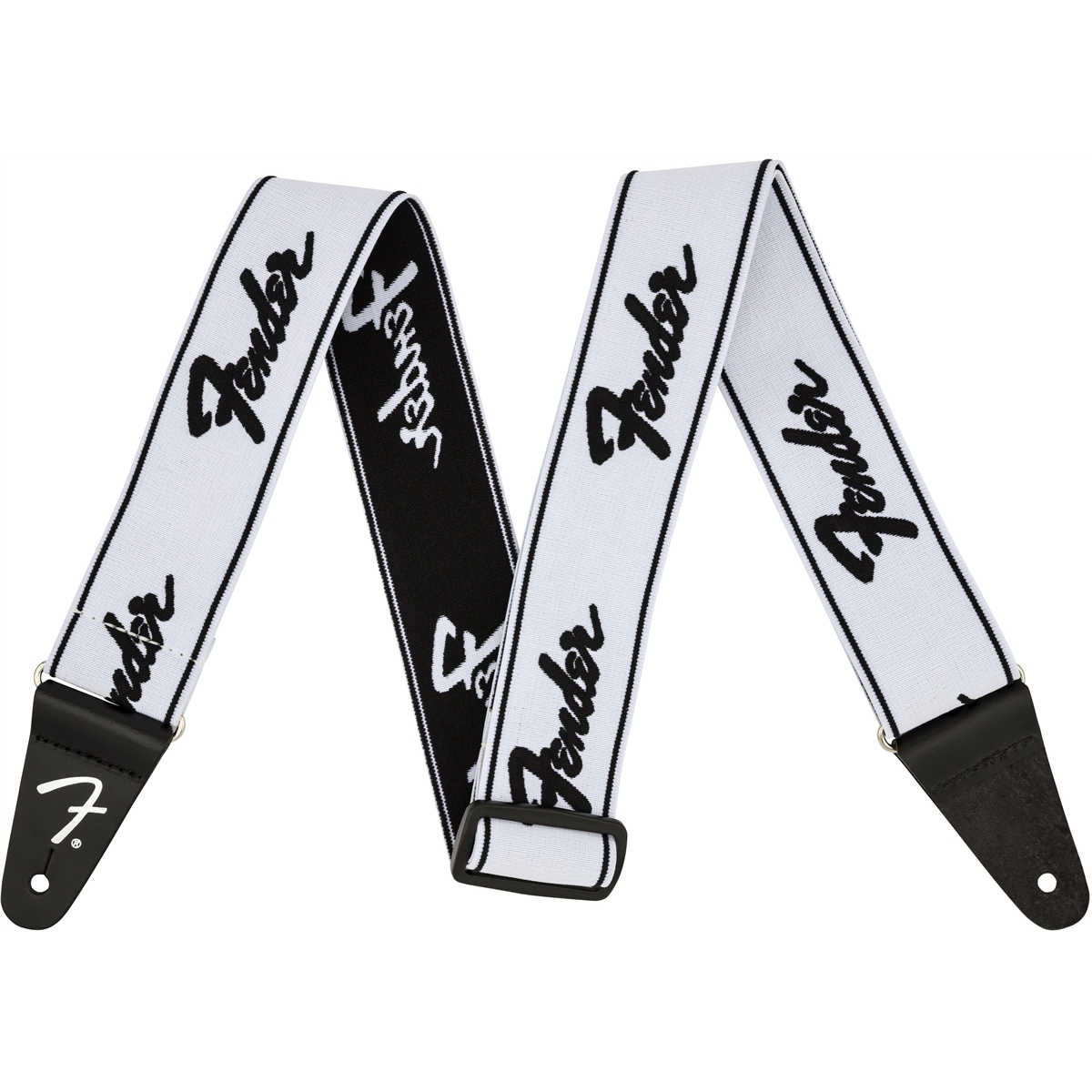 Fender® Weighless™ Running Logo Strap, White and Black