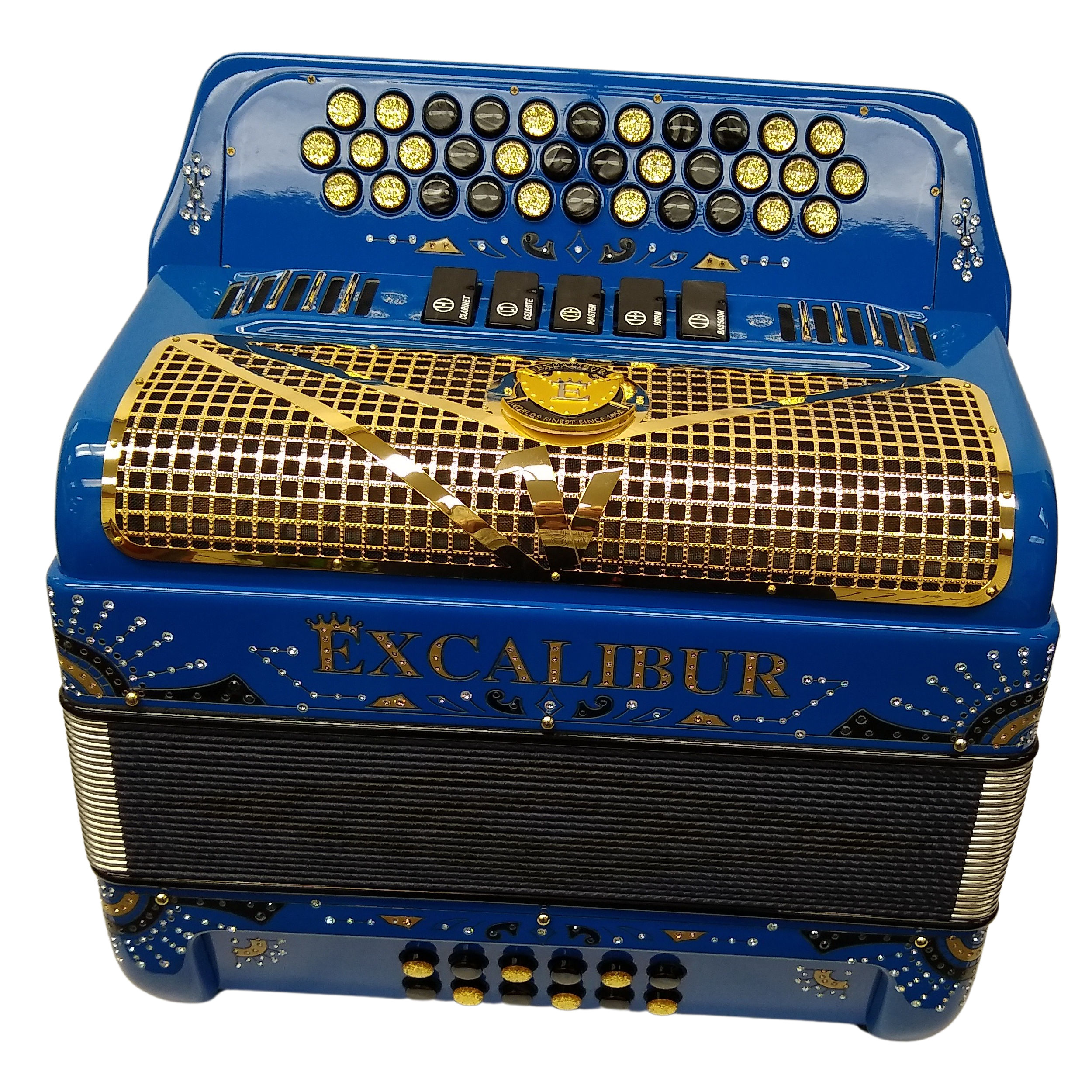 Excalibur 5 Switch Button Accordion Custom Sapphire Blue and Gold