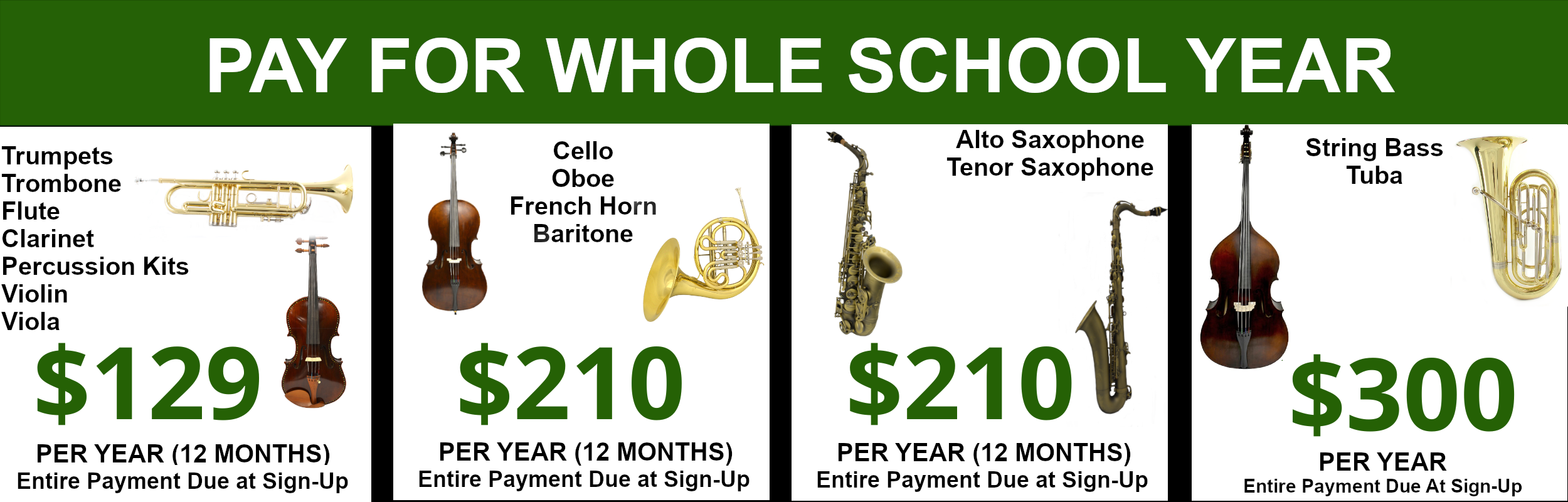 Rent select instruments for $99, $170, or $210 per year (12 months)