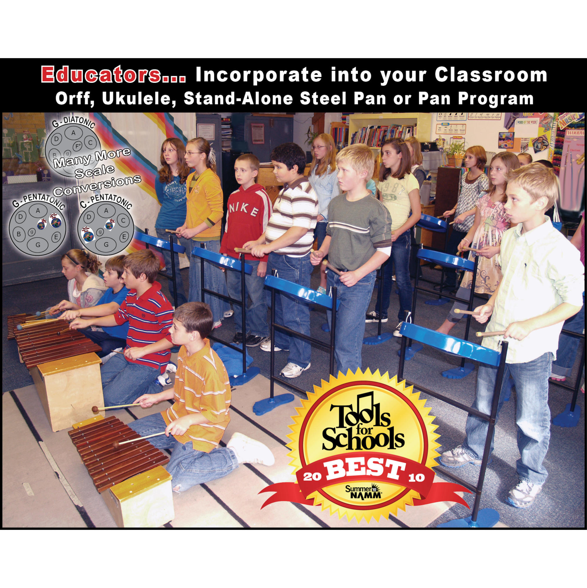 Panyard Jumbie Jam Steel Drum Educators 4-Pack - Tube Floor Stands - Silver Pans (G)