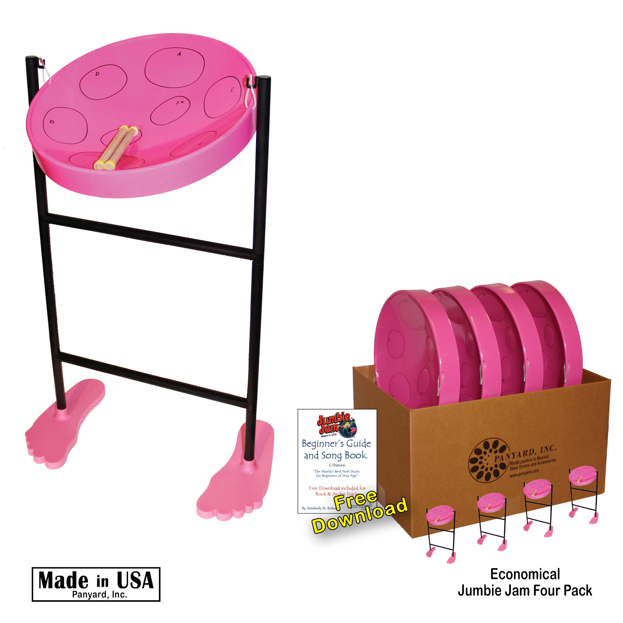 Panyard Jumbie Jam Steel Drum Educators 4-Pack - Tube Floor Stands (fun feet base) - Pink Pans (G)
