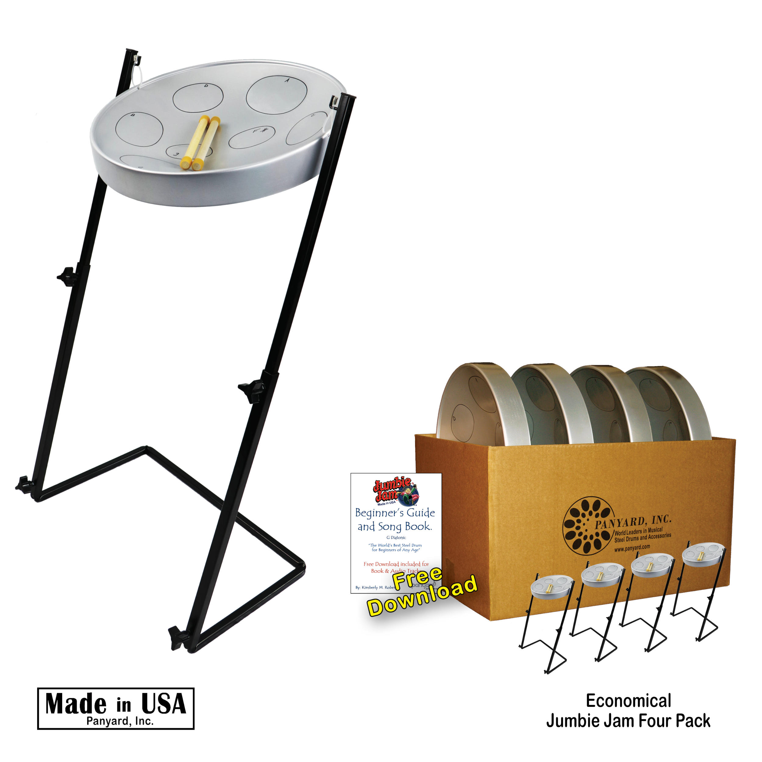 Panyard Jumbie Jam Steel Drum Educators 4-Pack - Metal Z-Floor Stands - Silver Pans (G)