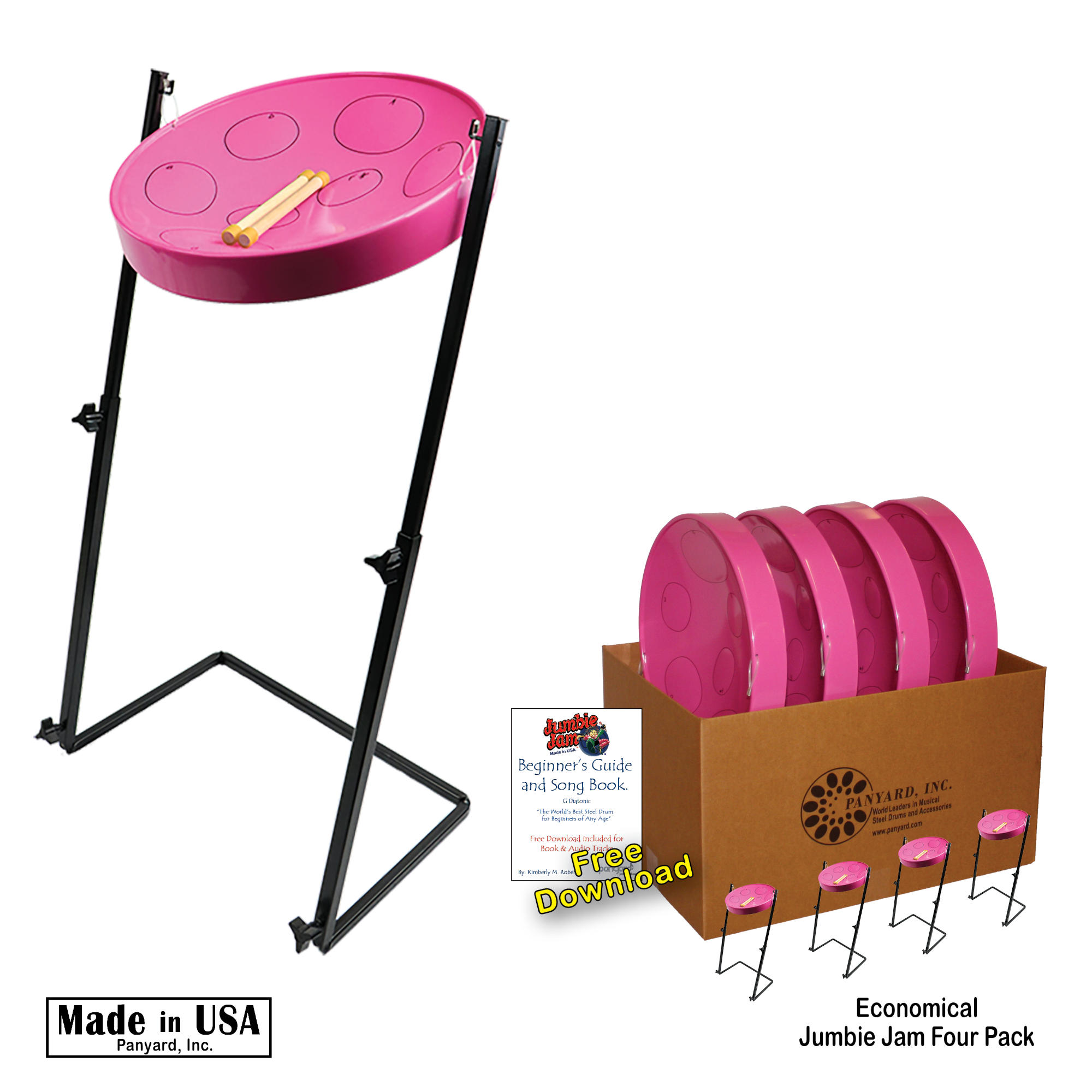 Panyard Jumbie Jam Steel Drum Educators 4-Pack - Metal Z-Floor Stands - Pink Pan (G)