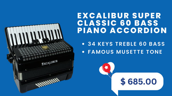 Excalibur Super Classic 60 Bass Piano Accordion - Black
